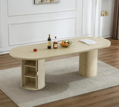 Vista 22 de Mesa de comedor redonda extensible con base de almacenamiento, mesa de comedor expandible natural de 63 a 94 pulgadas para 10 personas, mesa