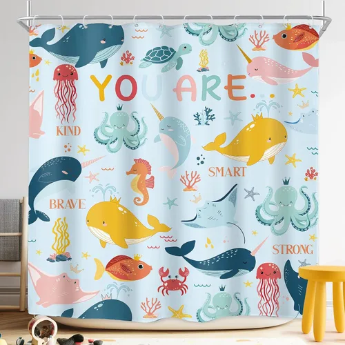 Vista 14 de Riyidecor Ocean - Cortina de ducha para niños, 60 pulgadas de ancho x 72 pulgadas de alto, diseño de ballena, dibujos animados, animales, delfín