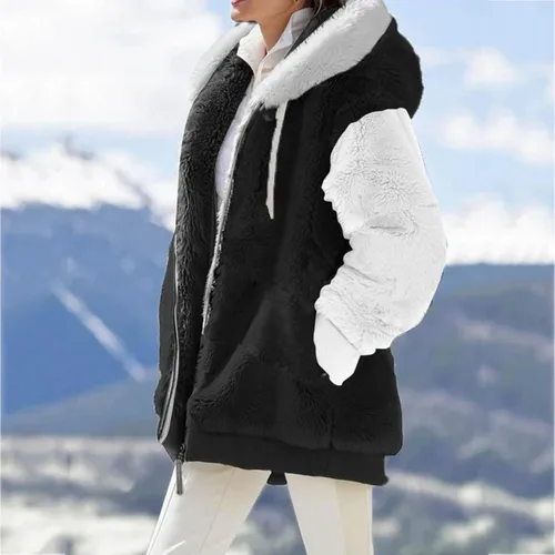 Vista 5 de Chaqueta mullida con cremallera para mujer sudadera de manga larga abrigo de peluche con bolsillos Beige