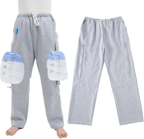 Vista 7 de Pantalones para pierna de catéter, pantalones con soporte para bolsa de orina para hombres y mujeres con bolsillos dobles con cremallera, capacidad