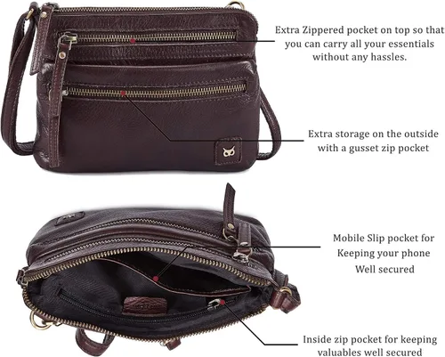 Vista 3 de Wise Owl Accessories Bolso cruzado pequeño de cuero real con triple cremallera para mujer, bolso cruzado vintage de primera calidad
