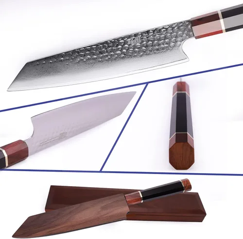 Vista 2 de Cuchillo Kiritsuke Serie Prestige con Funda de Nogal, Hoja de Acero Damasco VG10 Japonés, Mango Octagonal de Madera de Ébano, Cuchillo Profesional