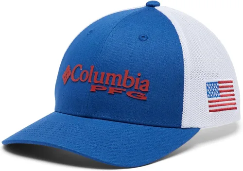 Vista 5 de Columbia PFG - Gorra con malla, color Mountain Blue, con aplique bandera de EE. UU., talla S y M
