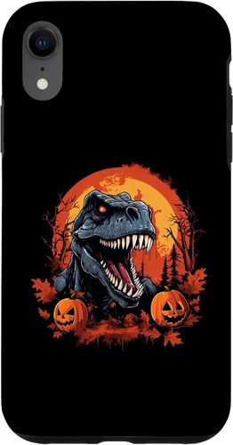 Vista 8 de Carcasa espeluznante de Halloween para iPhone 14, diseño de dinosaurio T Rex calabaza