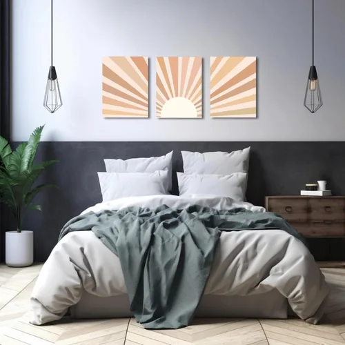 Vista 6 de YokiMino Juego de 3 arte bohemio para pared, lienzo enmarcado moderno de mediados de siglo, diseño de líneas geométricas de naturaleza para sala