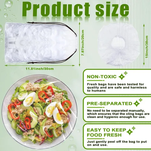 Vista 2 de Fumete 500 fundas elásticas reutilizables para almacenamiento de alimentos y 5 bolsas con cordón, transparente, blanco, material de polietileno