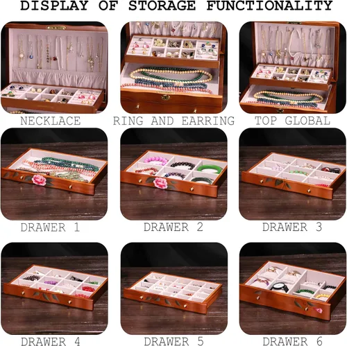Vista 11 de Joyero de madera, joyeros para mujer, caja grande para joyas y organizadores con colgador de collares, organizador de joyas, organizador de joyas