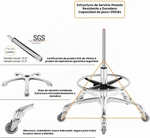 Vista 6 de Silla de dibujo giratoria con ruedas, ajustable, resistente (400 libras), soporte lumbar, silla de tareas para escritorio en casa, estudio Negro