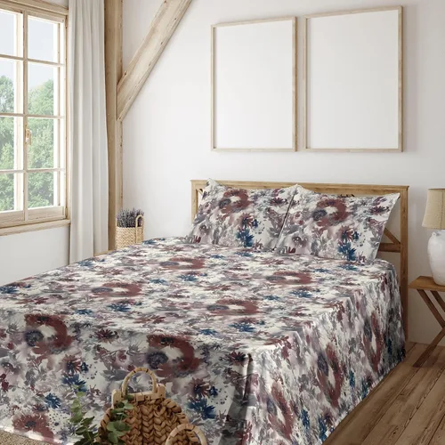 Vista 9 de Ambesonne Juego de sábanas vintage, diseño de curvas de inspiración victoriana, estampado de hojas y flores, sábana bajera y encimera con fundas