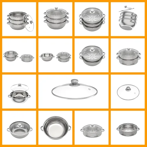 Vista 6 de Vaporizador de acero inoxidable de 3 niveles, 11 pulgadas (11.0 in) D para alimentos y verduras, utensilios de cocina con tapa de vidrio para cocina