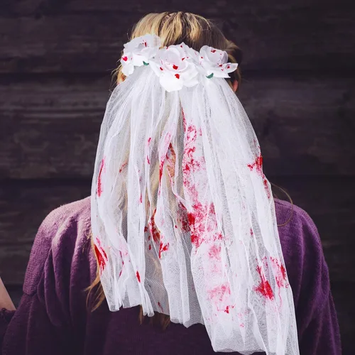 Vista 3 de Decoración de Halloween, velo de novia zombi, velo de flores sangrientas con peine, guirnalda de flores góticas, tocado de boda para fiesta