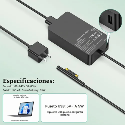 Vista 3 de 65W Surface Pro Cargador para Surface Pro 7 8 Microsoft Laptop 3 4 Compatible with Surface Pro 7+ 9 6 10 11 5 4 3 X, Laptop 3 4 5 2 7, Go 2 3 4
