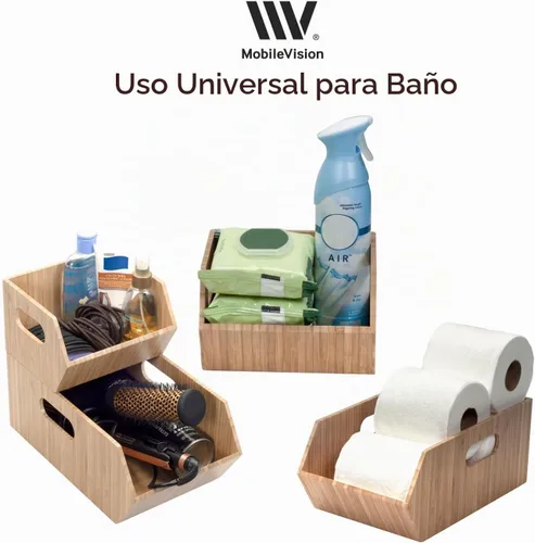 Vista 6 de MobileVision Contenedores de almacenamiento de bambú para despensa y armario de cocina, multiusos, juego apilable de 2 piezas para productos