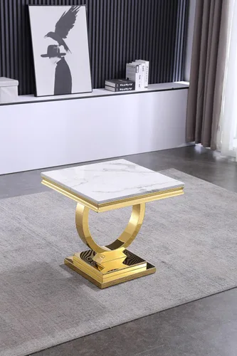 Vista 7 de Mesa auxiliar moderna de mármol sintético, mesa auxiliar de mármol sintético con marco geométrico, mesa central rectangular de mármol, mesa de té