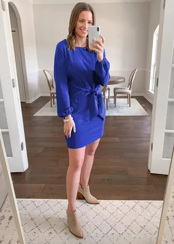 Vista 3 de PRETTYGARDEN - Vestido corto y elegante de fiesta para mujer, con cuello redondo, manga farol, tejido de punto y para atar en la cintura