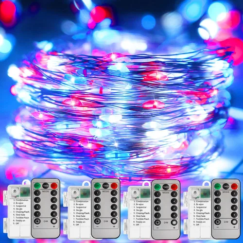 Vista 7 de Curyidy Luces de Decoración del 4 de Julio, Luces de Hadas Rojas Blancas y Azules Paquete de 2 Cadenas de 100 LED con Control Remoto Luces