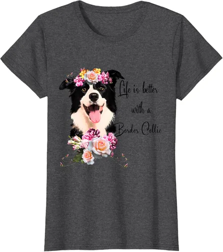 Vista 6 de Life is Better With a Border Collie - Camiseta de perro lindo con flores, gris, S Gris Oscuro