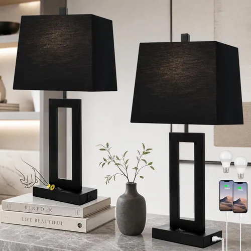 Vista 9 de Cinkeda Juego de 2 lámparas de mesa con puertos USB C+A y salida de CA, lámparas de noche, lámparas modernas para dormitorio, lámparas negras