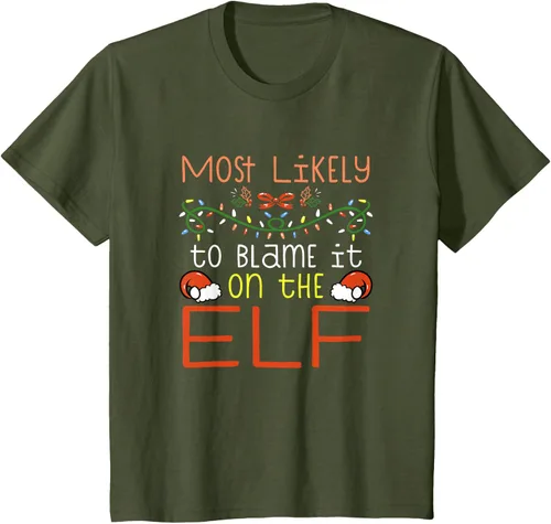 Vista 10 de Camiseta de Navidad familiar a juego con la frase "Most Likely To Blame It On The Elf" Negro