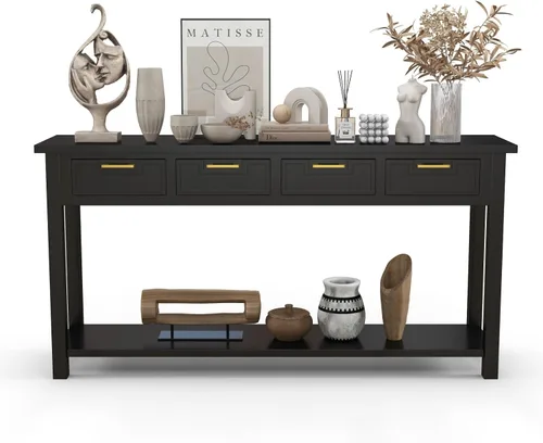 Vista 10 de Mesa consola con cajón, mesa de entrada larga estrecha con estante inferior para pasillo, entrada y sala de estar, color negro