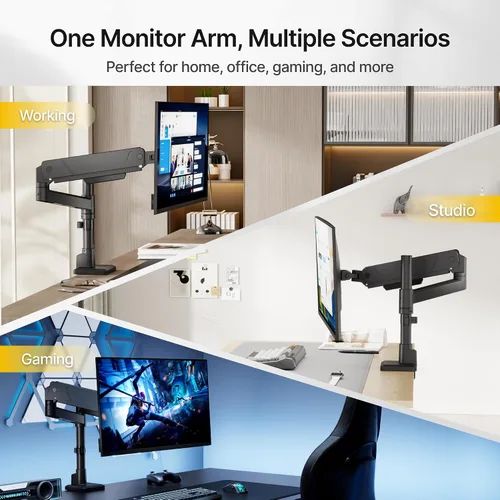 Vista 9 de monTEK - Brazo de monitor individual alto para pantalla curva de 17 a 45 pulgadas, brazo de monitor ultra ancho ajustable mejorado de alta
