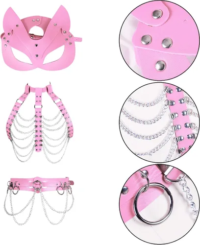Vista 3 de Conjunto de 3 piezas de arnés de cuero para mujer, máscara de zorro, cadena de pecho, liguero, conjunto de ropa interior de Halloween