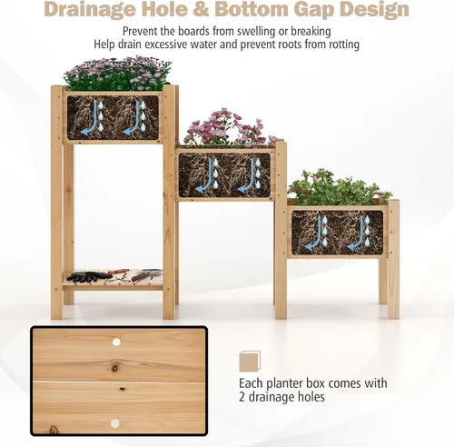 Vista 4 de Giantex Juego de 3 camas de jardín elevadas, jardinera de madera con estante de almacenamiento, camas elevadas para frutas, verduras, flores, Natural