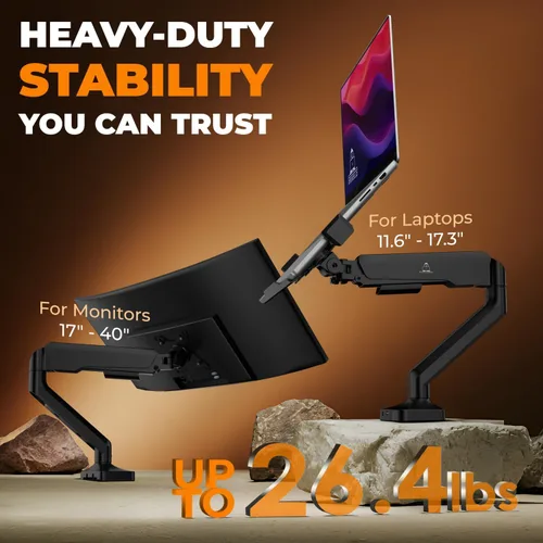 Vista 3 de Elevate Pro - Soporte de pie para computadora portátil de alta resistencia para escritorio (11"-17.3" - máx. 26 libras) Soporte de brazo de resorte
