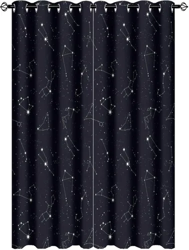 Vista 13 de Cortinas opacas de constelación para sala de estar, arte moderno abstracto, negro, galaxia, blanco, patrón de símbolo de constelación