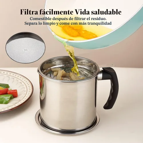 Vista 4 de Kyraton Contenedor de Grasa de Tocino con Colador, Recipiente de Aceite de Acero Inoxidable de 48 oz, Recipiente de Grasa de Olla con Tapa, Mango