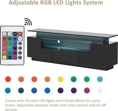 Vista 6 de CITYLIGHT Moderno soporte de TV con luces LED que cambian de color, centro de entretenimiento universal, gabinete de TV de alto brillo para TV