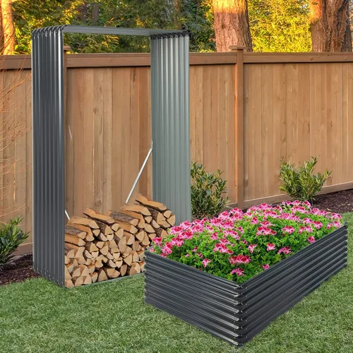 Vista 7 de Giantex Cama de jardín elevada galvanizada, 70.5 x 44 x 20.5 pulgadas, jardinera de metal y estante para leña, maceta rectangular grande de acero