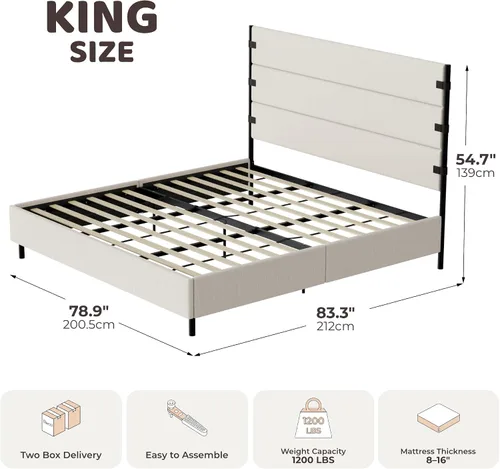Vista 2 de RECCI Base de cama tapizada tamaño King con cabecero alto con cinturón Chenille beige