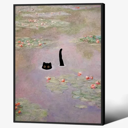Vista 22 de CAXIYSH Arte de pared de gato negro Monet, póster de lirios acuáticos, vintage, divertido, floral, gato, lienzo, pinturas famosas, impresiones