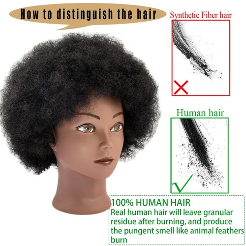 Vista 6 de Cabeza de maniquí afro rizado 100% cabello humano real, (10 pulgadas) negro para trenzado manual, práctica de peinado, peluquería, escuela, maniquí