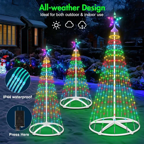 Vista 3 de 3 paquetes de luces de árbol de Navidad en forma de cono, luces de árbol de Navidad de 4' 5' 6' regulables con 12 modos de control remoto, luces