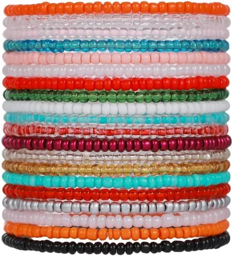 Vista 3 de Caiyao Juego de 36 pulseras elásticas coloridas con cuentas de semillas bohemias, multicapa, de arcoíris, pulsera elástica con cuentas de cristal
