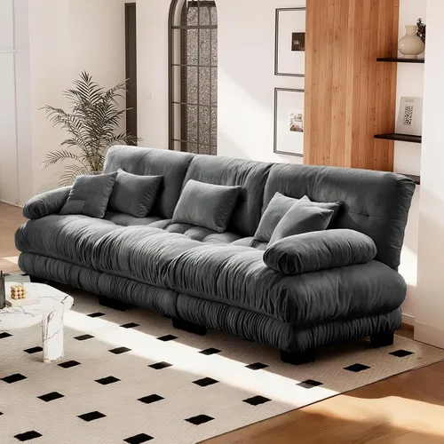 Vista 13 de Reposapiés Otomano Tapizado de Terciopelo con Cojín para Sofá Seccional Sofá 300 libras para Sala de Estar (Beige)