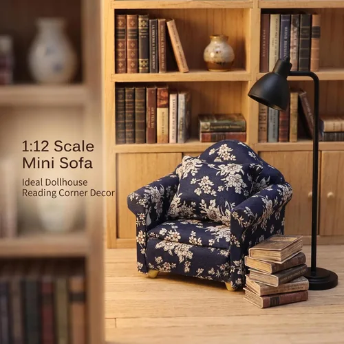 Vista 2 de Sofá de casa de muñecas con almohada a escala 1/12, muebles en miniatura, color azul Miniature 2 pcs high simulation upholstered fabric & wood