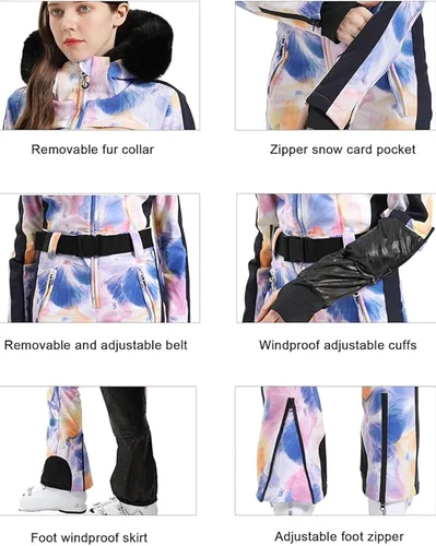 Vista 10 de GSOU SNOW Traje de esquí para mujer, traje de nieve de una pieza, para snowboard, delgado, aislante, impermeable, resistente al viento