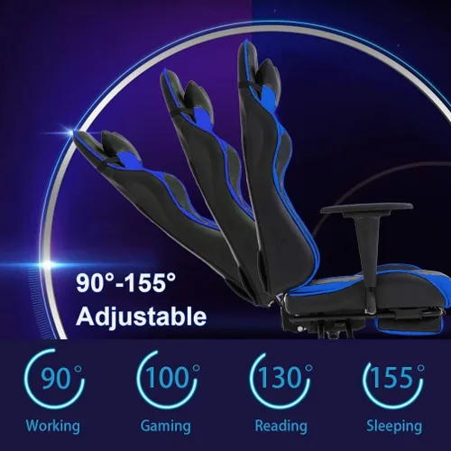 Vista 7 de Silla de juegos con reposapiés y soporte lumbar, silla reclinable de altura ajustable con respaldo alto para adultos, giratoria 360, color azul