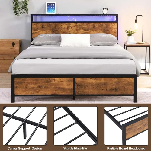 Vista 7 de Base de cama de plataforma de metal de tamaño matrimonial con cabecero y estribo de madera con luces USB y LED, no necesita somier, gran