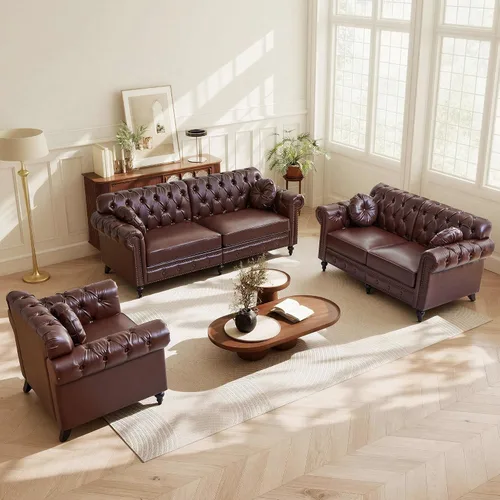 Vista 20 de ORRD Sofá de 2 piezas para sala de estar, silla moderna de piel sintética con respaldo alto, sofá biplaza con botón acolchonado, ribete de cabeza