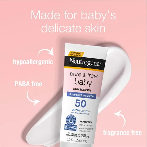 Vista 3 de Neutrogena Pure & Free, loción protectora solar para bebés SPF 50, sin lágrimas, sin fragancia Óxido de zinc, resistente al agua (80 min)