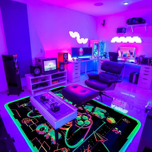 Vista 6 de Alfombra de área de juegos con luz negra para decoración de dormitorio, alfombra estampada de juegos, alfombra gamer que brilla en la luz negra