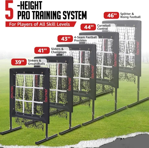 Vista 3 de ZEALFEEL Red de lanzamiento de béisbol, red de tiro de 9 agujeros con zona de ataque, entrenador de lanzamiento ajustable de 5 alturas, red