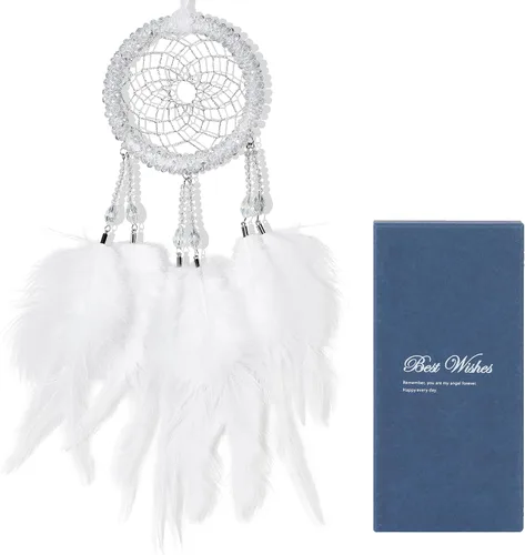 Vista 8 de Atrapasueños de lujo, pluma de gallo rosa claro con diamante de cristal, pequeño atrapasueños hecho a mano para dormitorio, un atrapasueños