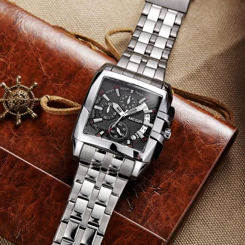 Vista 3 de MEGIR Reloj de pulsera analógico de cuarzo luminoso para hombre con correa de acero inoxidable para colección MS2018