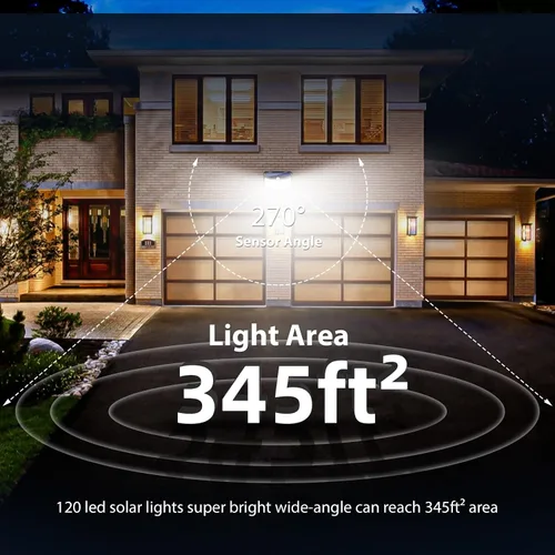 Vista 6 de HMCITY Luces solares para exteriores, 120 LED con 3 modos de iluminación, luces de pared con sensor de movimiento, IP65, impermeable, alimentadas
