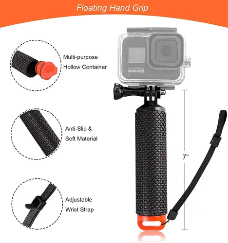 Vista 2 de Soporte de mango flotante impermeable compatible con GoPro Hero 11 10 9 8 7 6 5 Max Session 4 3+ Fusion DJI Osmo Action Cameras, naranja